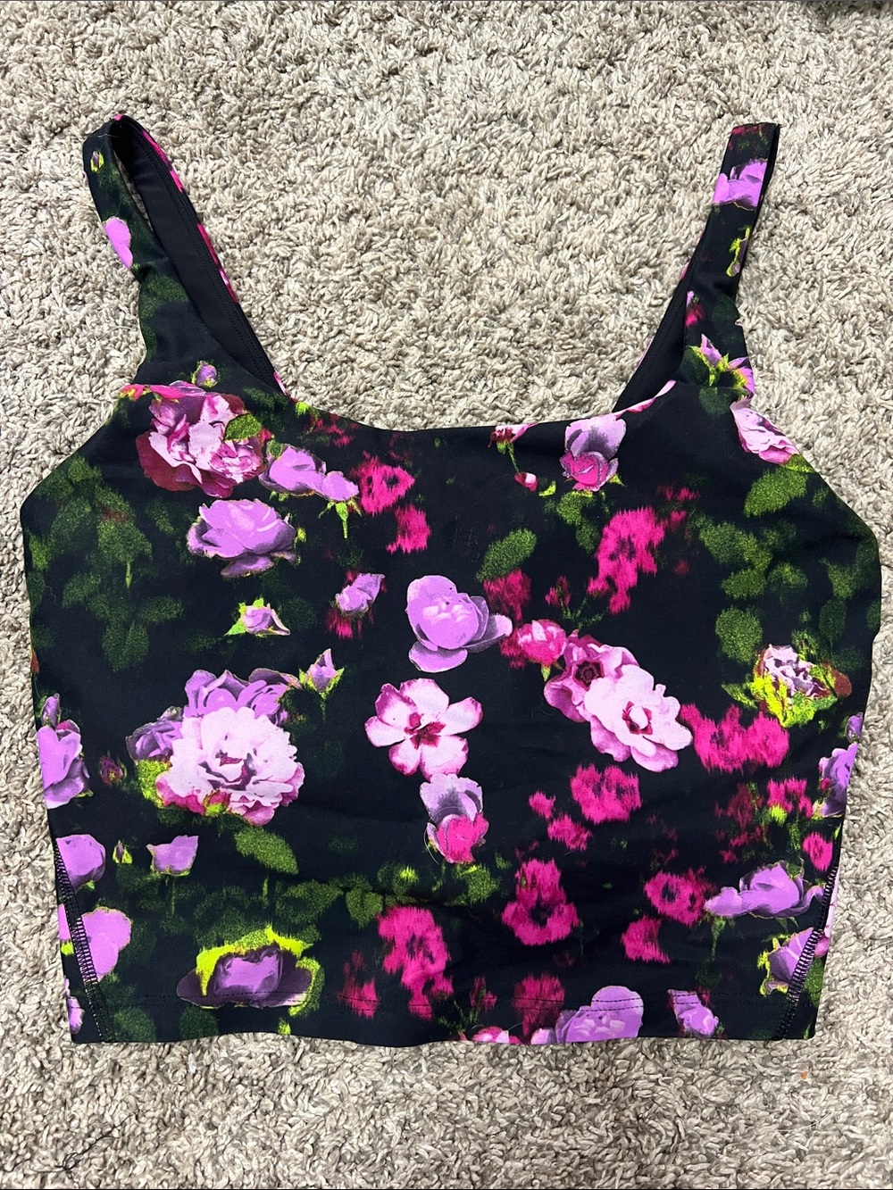 Old Navy Black Floral Longline Sport Bra Top with Pink & Purple Flowers